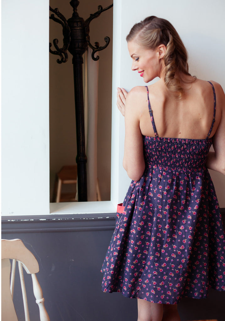 Reesa  Navy Polka Dot Floral  Dress